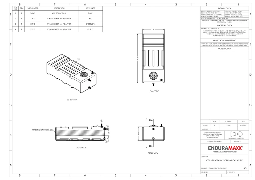 A technical drawing of the Enduramaxx 400 litre coffin tank, with the necessary modifications added, showing that the effective capacity drops substantially (to 205 litres).