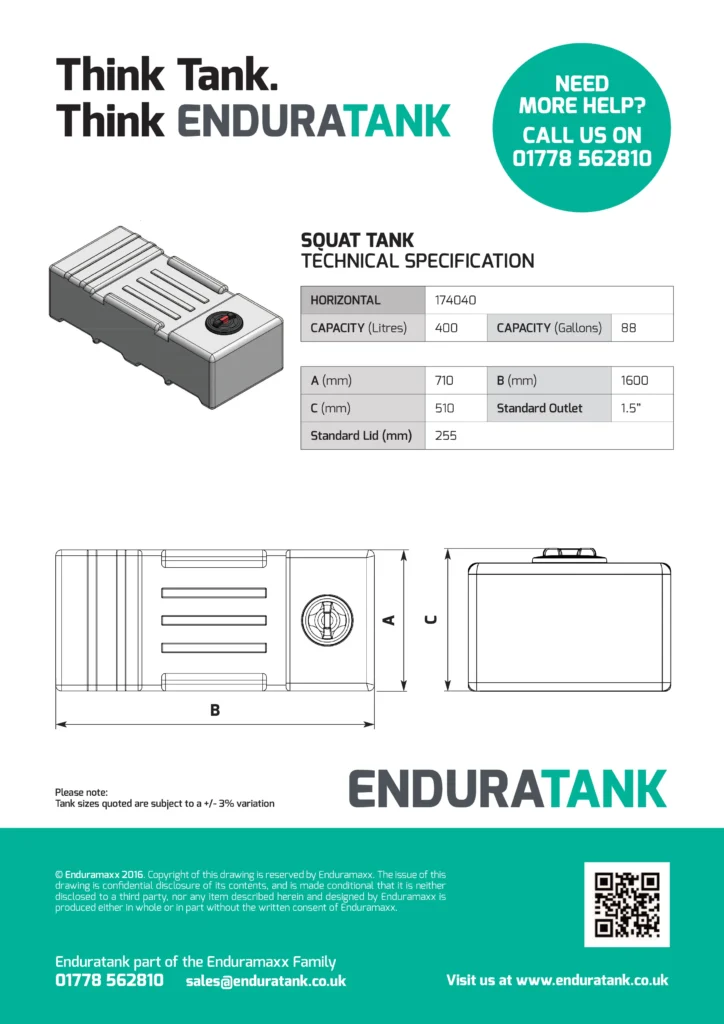  The specification sheet for the Enduramaxx 400 litre coffin tank